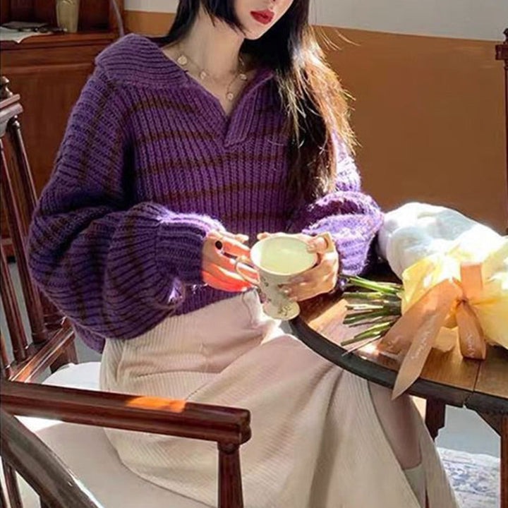 Damen Strickpullover mit lässigem Kragen und attraktiven Streifen Drune