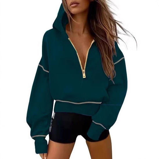 Damen nan cropped Kapuzenpullover mit halbem Reißverschluss und voluminösen Ballonärmeln Drune