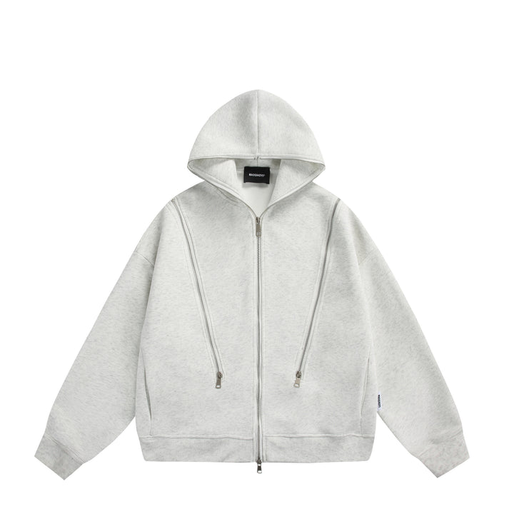 Unisex Kapuzen-Sweatjacke mit Doppelreißverschluss und Ziernaht-Panel Drune