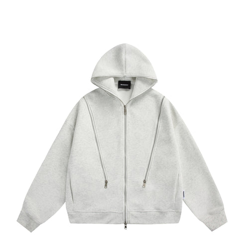 Unisex Kapuzen-Sweatjacke mit Doppelreißverschluss und Ziernaht-Panel Drune