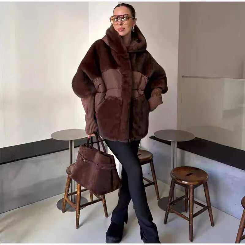 Damen Gefütterte Kurzjacke mit Kunstfell‑Einsatz, Kapuze und Rippbündchen Drune