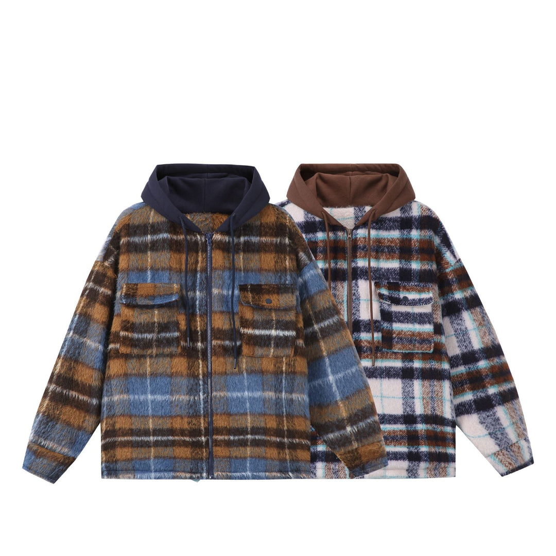 Unisex Kurz geschnittener kariertes Fellimitat-Blouson mit Kapuze und Reißverschluss Drune