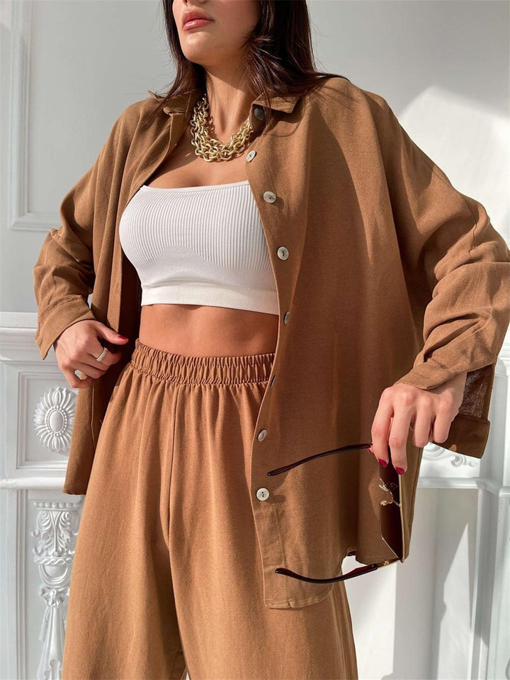 Damen lässiges Sommeroutfit mit übergroßer Bluse und weiten Hosen Drune