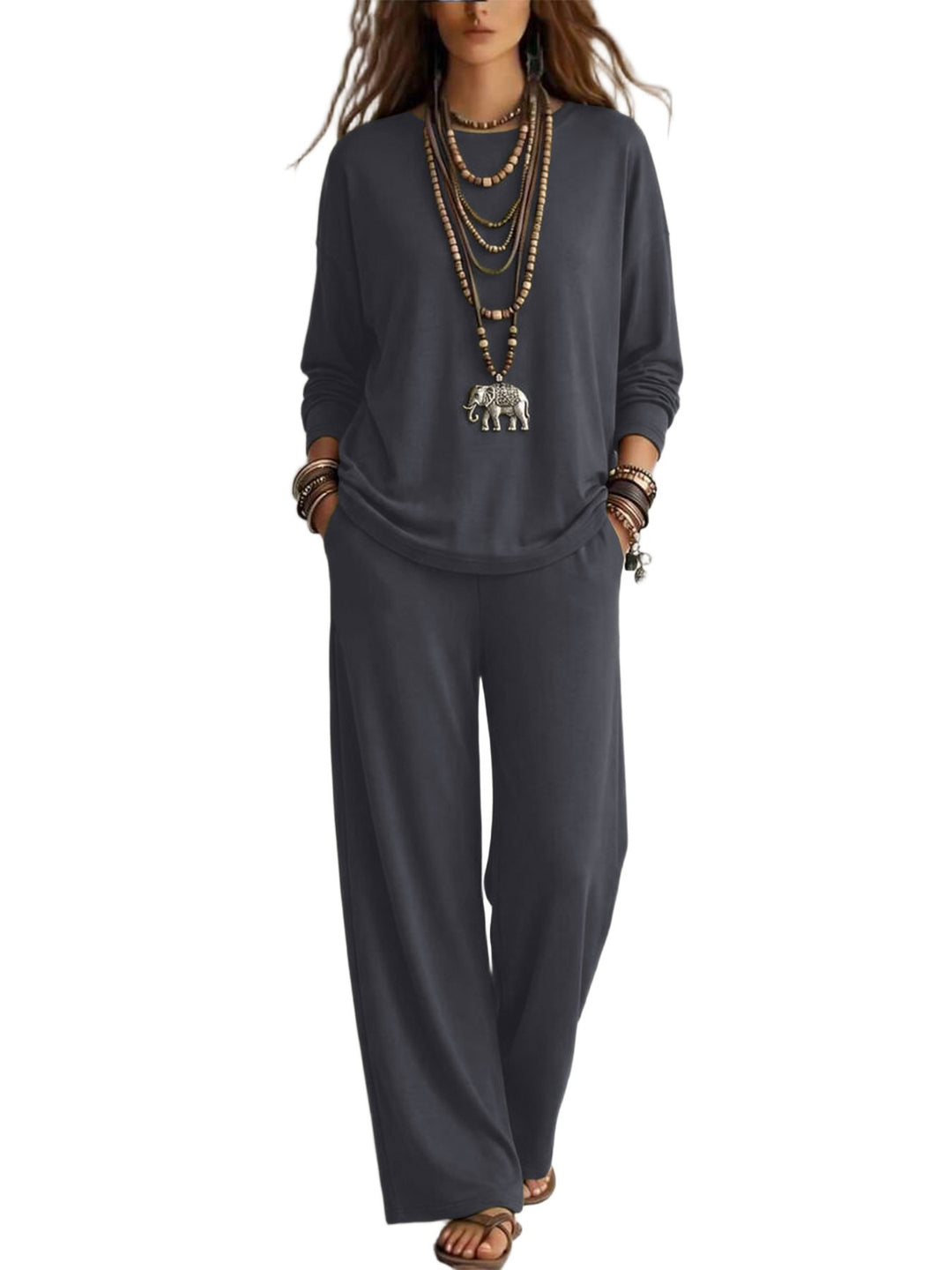 Damen Lounge-Set aus Viskose-Mix mit Oversize-Longsleeve und palazzoweiten Hosen Drune
