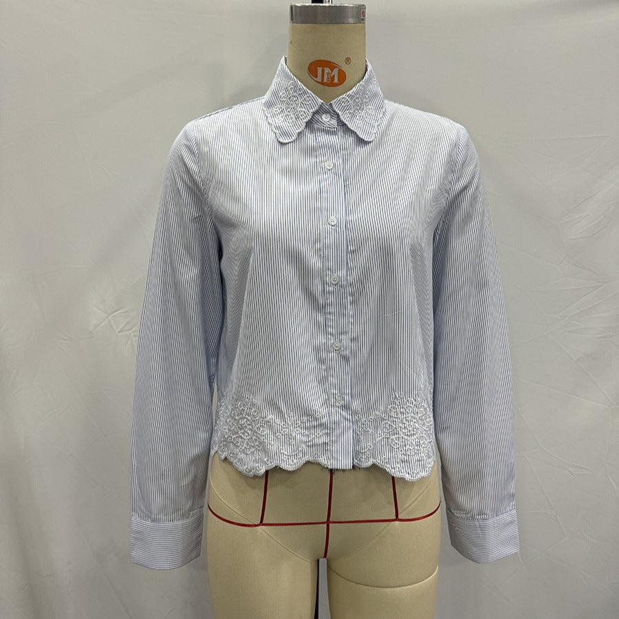 Damen nan gestreifte Hemdbluse mit Spitzenkragen und besticktem Wellenabschluss Drune