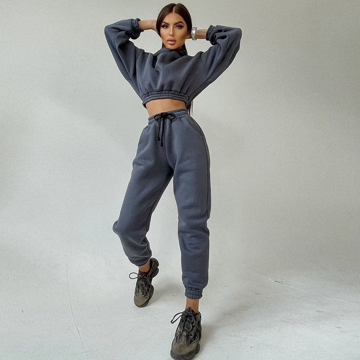 Damen cropped Stehkragen-Sweatset mit elastischem Taillenbund und hochtaillierter Tapered-Jogginghose Drune