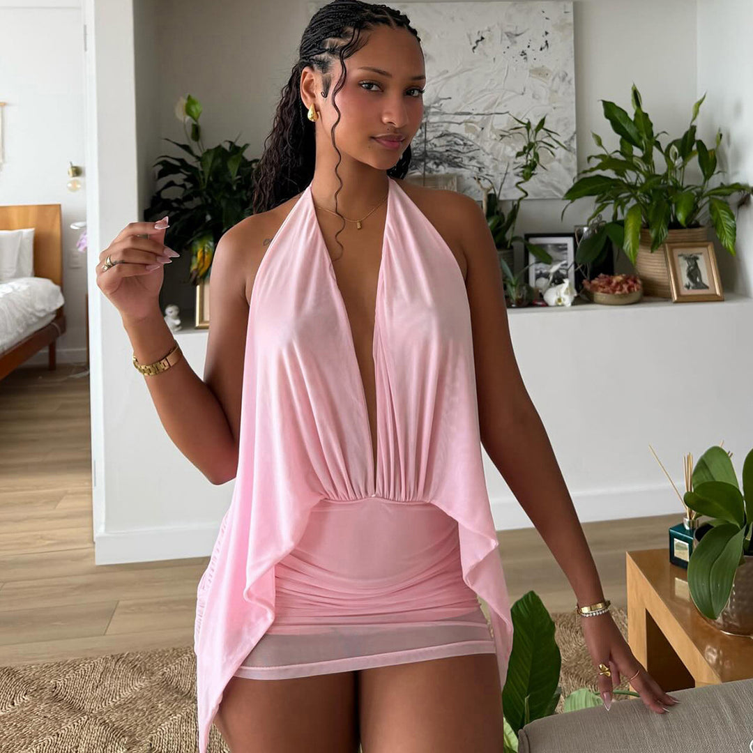 Damen kurzes lässiges Strandkleid mit tiefem V-Ausschnitt und fließender Silhouette Drune