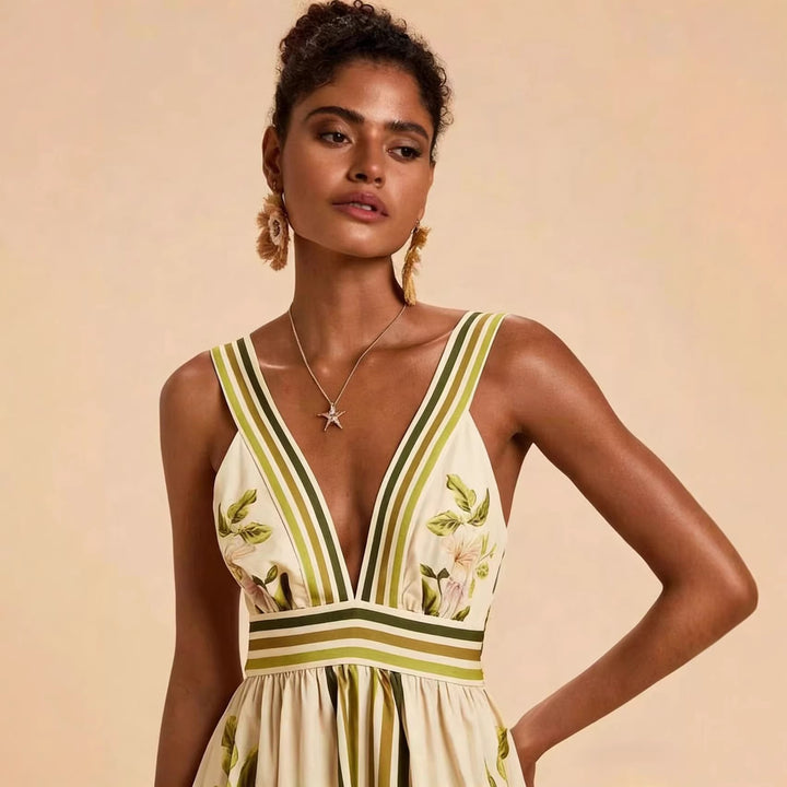 Damen Maxikleid mit tiefem V-Ausschnitt und floralem Design Drune