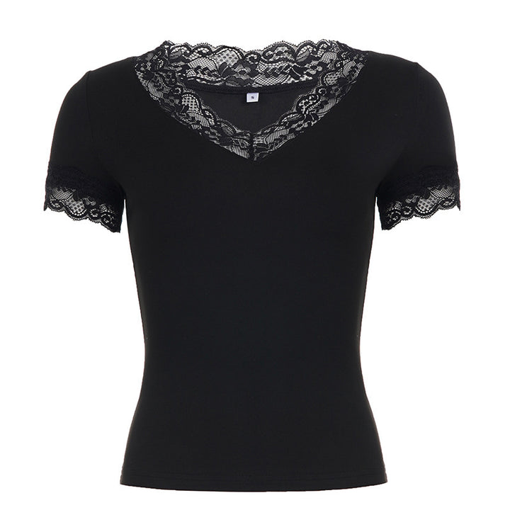Damen Elegantes Spitzen-T-Shirt mit V-Ausschnitt und Kurzarm Drune