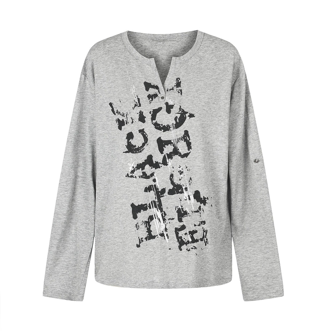 Damen Lässiges Langarmshirt mit Notch‑Ausschnitt, Oversize‑Silhouette und Druckgrafik Drune
