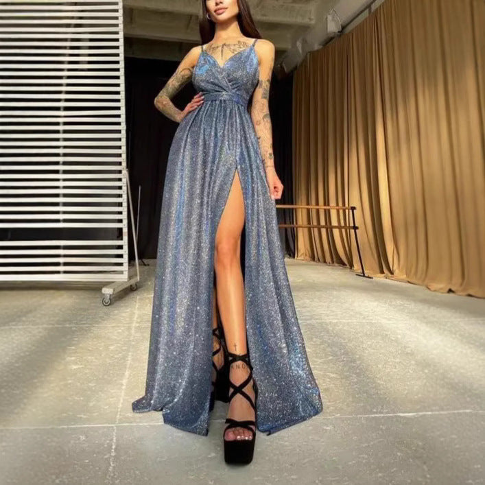 Damen Elegantes Glitzer-Maxikleid mit tiefem Schlitz und schickem Wickeldesign Drune