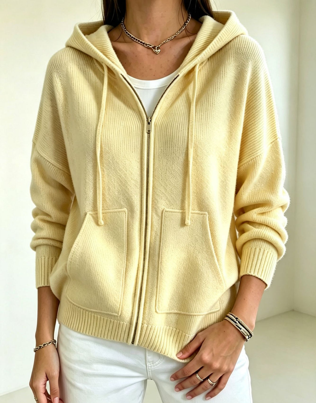Damen Kapuzen-Wollmix Zip-Cardigan mit kastiger Passform und Kängurutaschen Drune