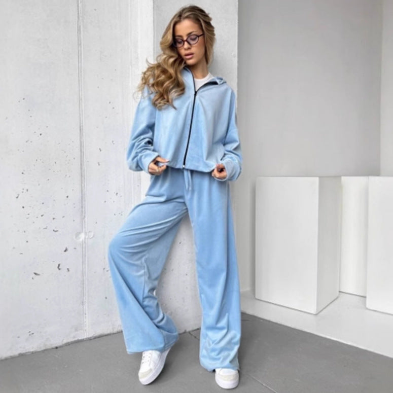 Damen weicher Velours Zweiteiler mit Kapuzenjacke und weiter Jogginghose Drune