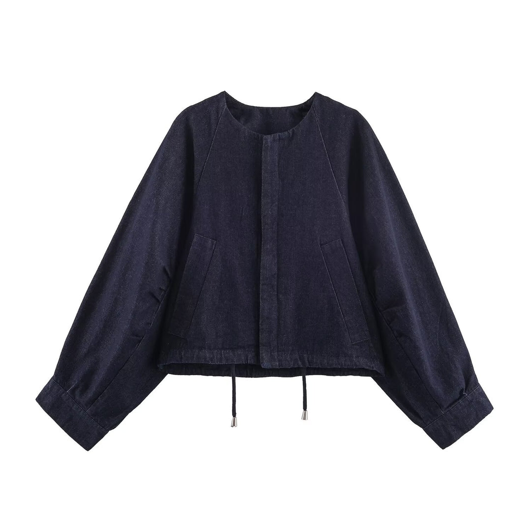 Damen Oversized Cropped Denim-Jacke mit Tunnelzug, Raglanärmeln und verdeckter Druckknopfleiste Drune