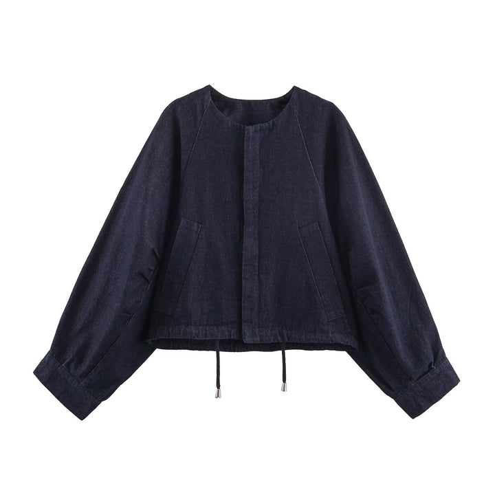 Damen Oversized Cropped Denim-Jacke mit Tunnelzug, Raglanärmeln und verdeckter Druckknopfleiste Drune
