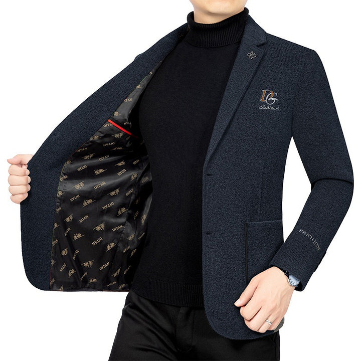 Herren Bouclé-Sakko mit kontrastierendem Satin-Innenfutter und Bruststickerei Drune