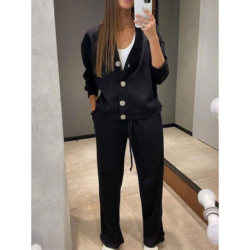 Damen Strick-Loungewear-Set mit V-Ausschnitt-Cardigan und weitem Kordelbund-Hose Drune