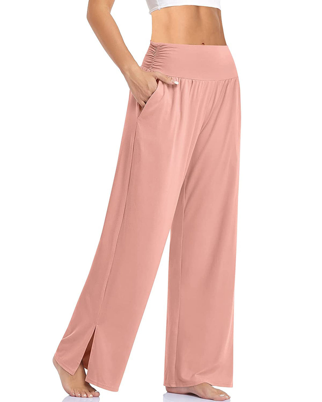 Damen nan weite Yogahose mit hohem Komfortbund, seitlichen Eingrifftaschen und seitlichem Bein-Schlitz Drune