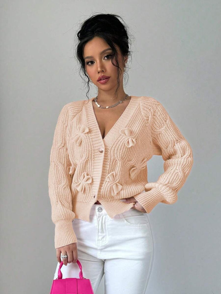 Damen Grob gestrickte Cardigan mit Blumenverzierungen und V-Ausschnitt Drune