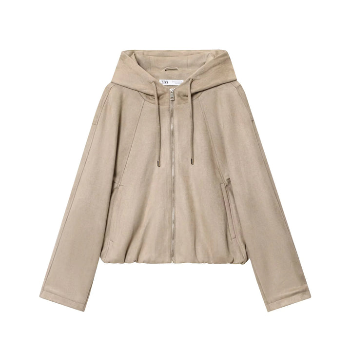 Damen nan cropped Kapuzenjacke aus Veloursimitat mit verdeckter Reißverschlussblende und Tunnelzugsaum Drune