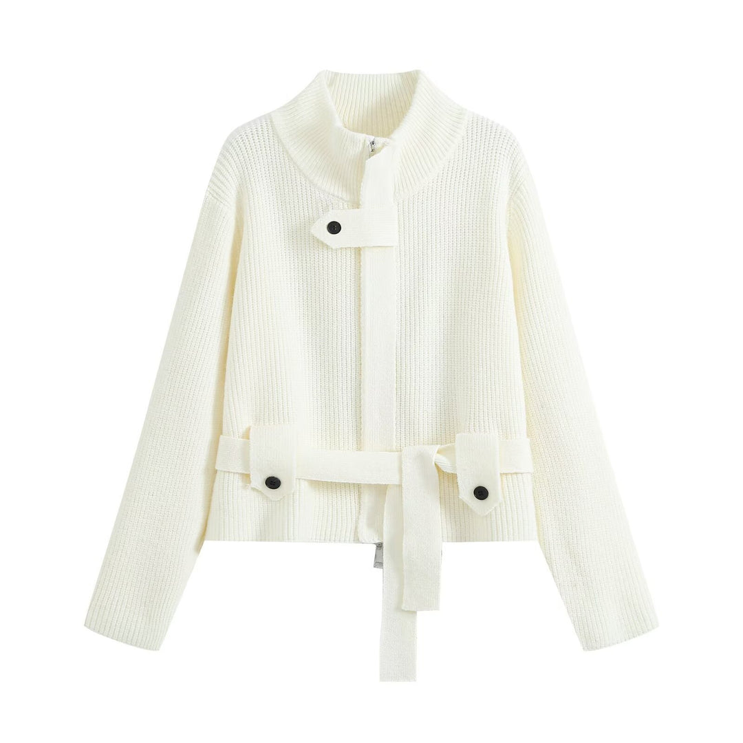 Damen Kurzgestrickte Taillierte Strickjacke mit Stehkragen und Taillengurt Drune