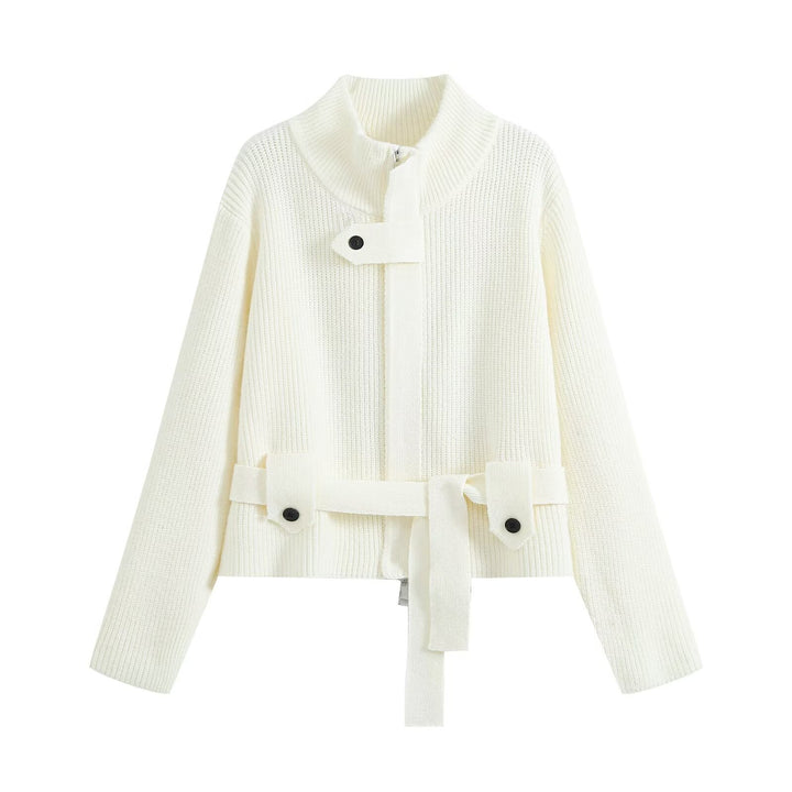 Damen Kurzgestrickte Taillierte Strickjacke mit Stehkragen und Taillengurt Drune