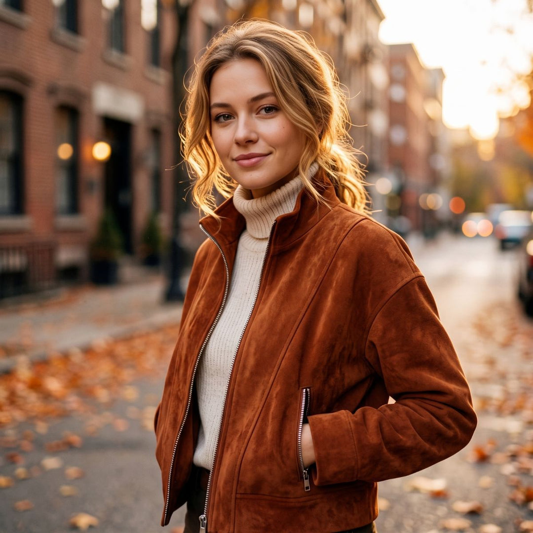 Damen Kurzjacke im Boxy-Cropped-Schnitt aus Velourslederoptik mit Stehkragen und Metallreißverschlüssen Drune