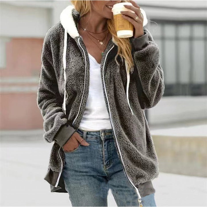 Damen Oversized Sherpa-Zipjacke mit Kontrastkragen, Rippbündchen und Kordelzug Drune