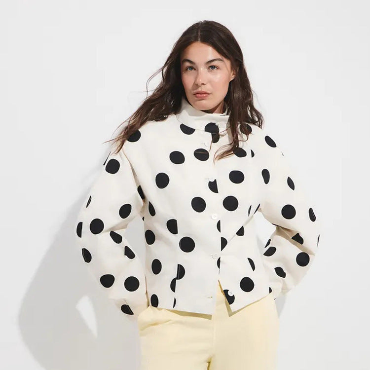 Damen Gepunktete Stehkragen-Bluse mit Oversize-Ärmeln und kastiger Cropped-Silhouette Drune