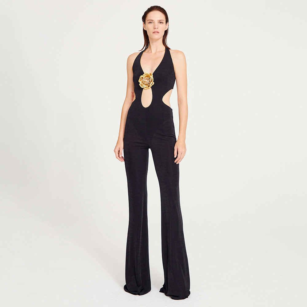 Damen Modischer Jumpsuit mit tiefem Ausschnitt und dekorativem Detail Drune