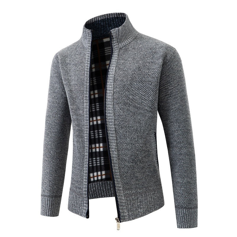 Herren Strukturiertes Zip-Strickjacke mit Karo‑Fleece‑Futter und Stehkragen Drune