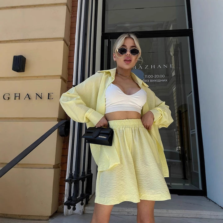 Damen Zweiteiliges texturiertes Loungewear‑Set mit Oversized‑Hemd und elastischer Taillen‑Shorts Drune