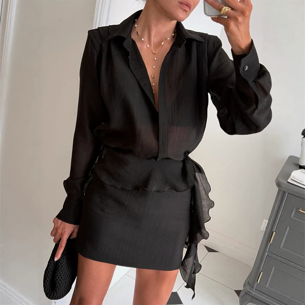 Damen Zweiteiliges feines Crinkle-Chiffon-Set mit Hemdbluse und Wickel-Volant-Minirock Drune