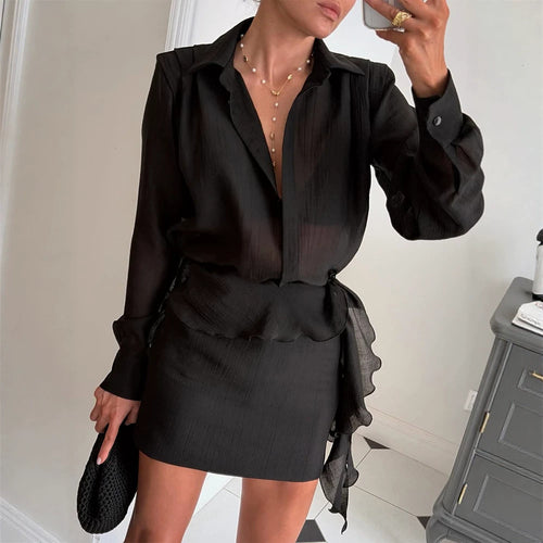 Damen Zweiteiliges feines Crinkle-Chiffon-Set mit Hemdbluse und Wickel-Volant-Minirock Drune