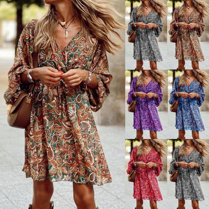 Frauen Boho Mini Kleid mit Paisley-Druck, V-Ausschnitt, gebundenem Gürtel und Ballonärmeln Drune