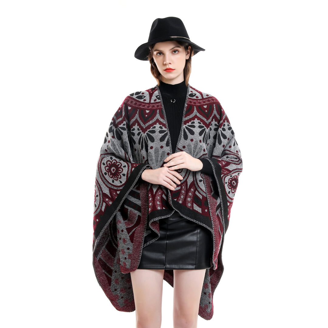 Damen Wollmix-Umhangponcho mit ornamentaler Jacquardstruktur und offenem Fall Drune