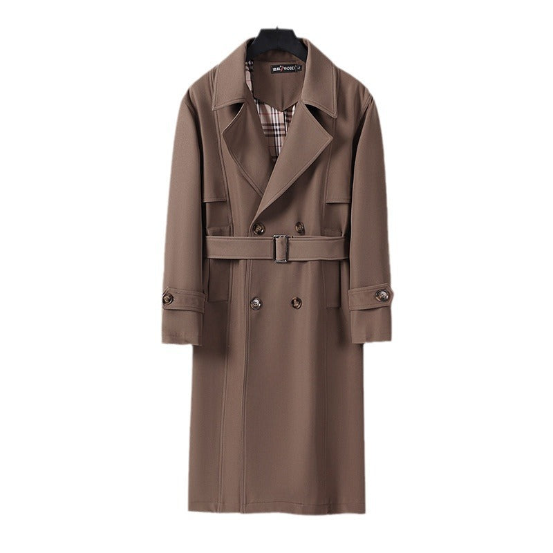 Herren Midilanger Doppelreihiger Trenchcoat mit Taillengürtel, abgefalcetem Revers und kariertem Innenfutter Drune
