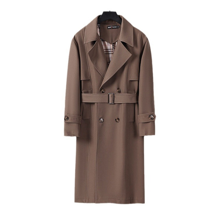 Herren Midilanger Doppelreihiger Trenchcoat mit Taillengürtel, abgefalcetem Revers und kariertem Innenfutter Drune
