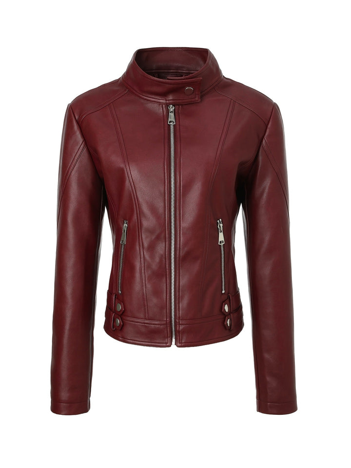 Damen Modische Kunstlederjacke mit Reißverschluss und seitlichen Taschen Drune