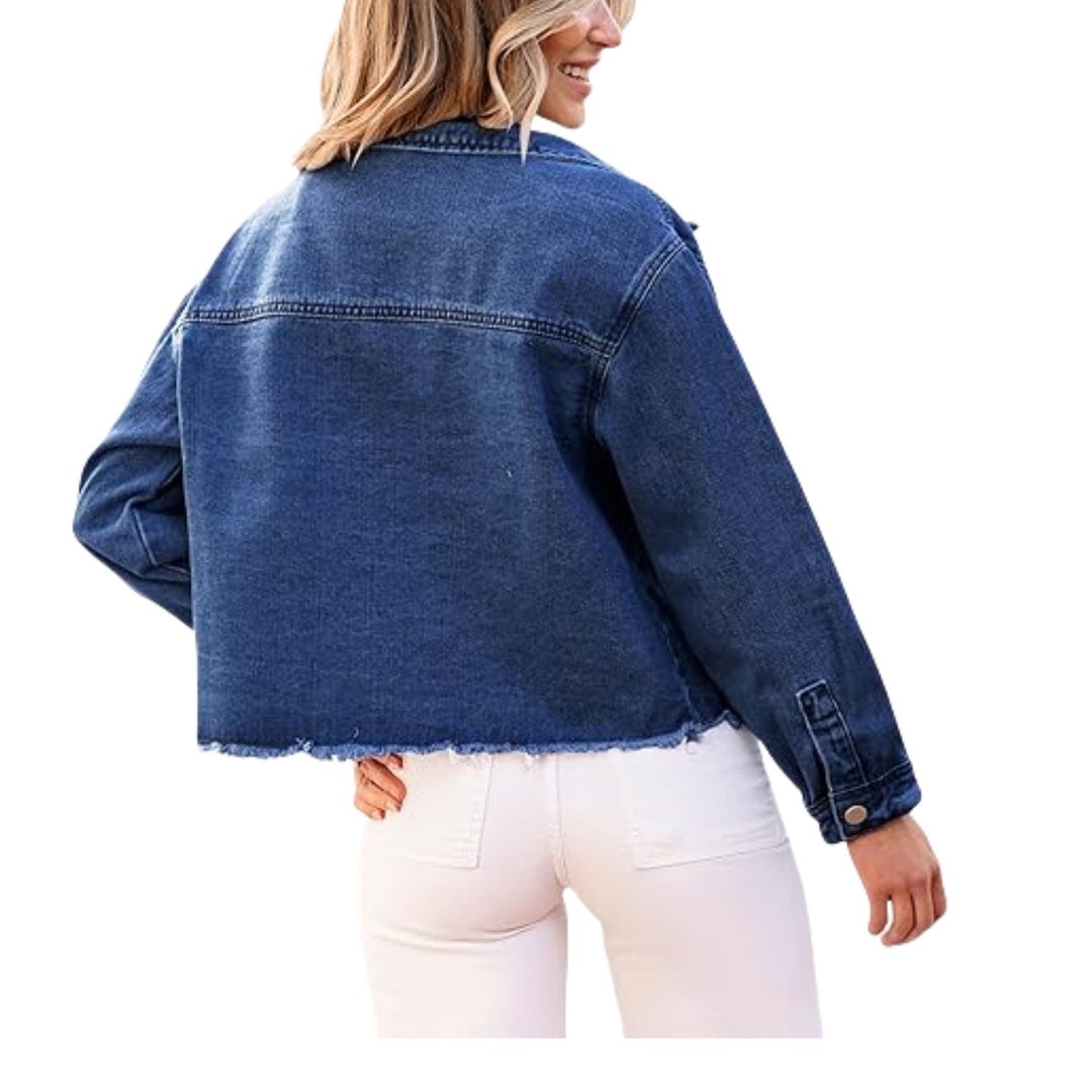 Damen Kurz geschnittene Oversize-Jeansjacke mit rohem Saum und aufgesetzten Brusttaschen Drune