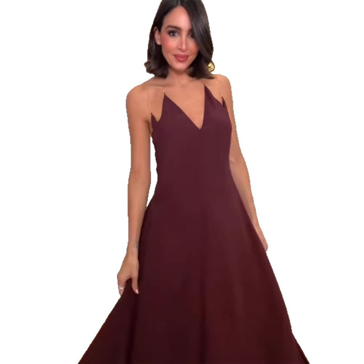 Damen elegantes Maxikleid mit tiefem V-Ausschnitt und fließendem Rock Drune