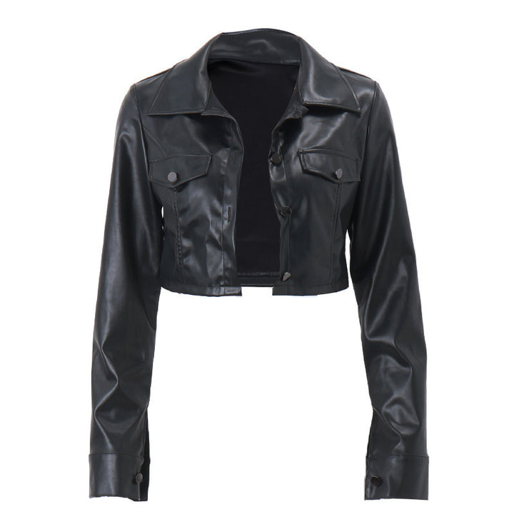 Damen Kurze Kunstlederjacke mit Hemdkragen und Druckknopfleiste Drune
