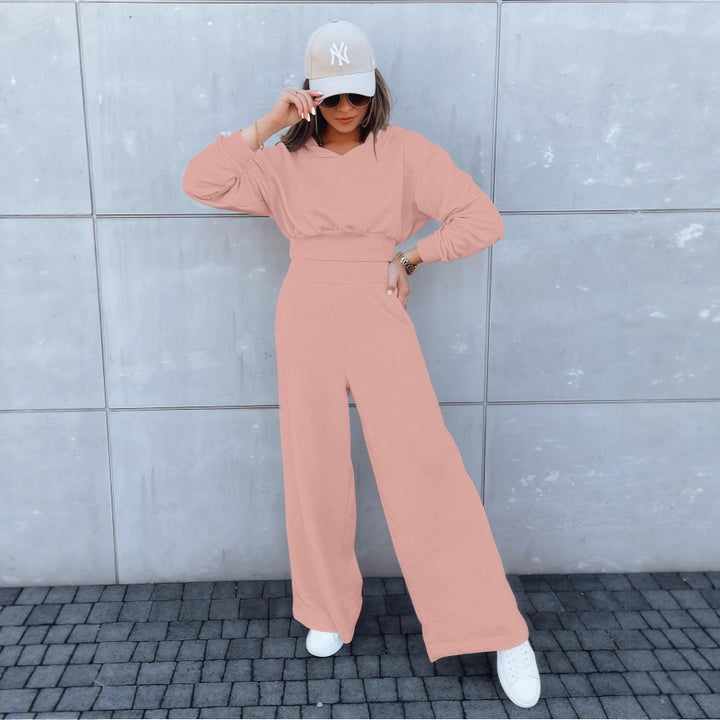 Damen Loungewear-Set mit Cropped V‑Ausschnitt-Pullover und hochtaillierter Palazzohose Drune