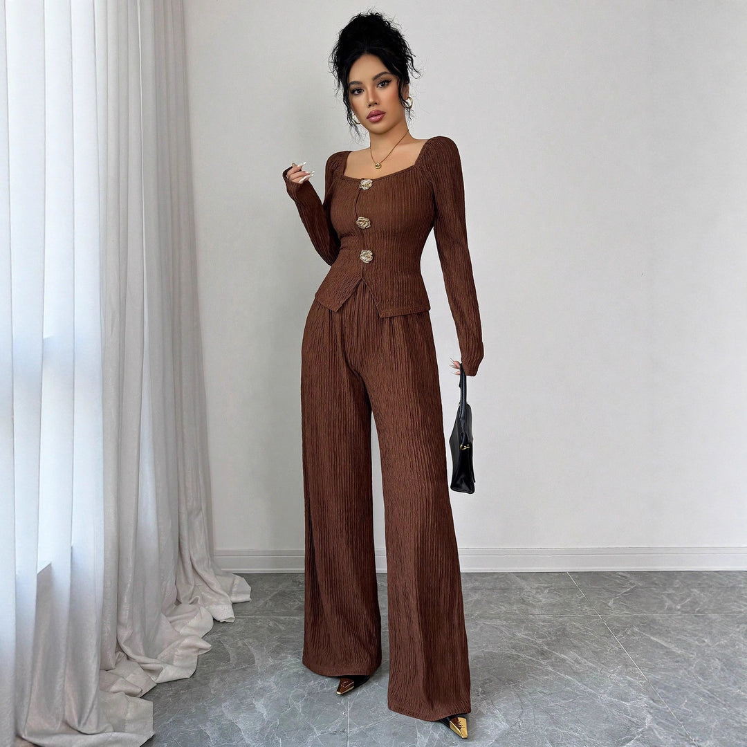 Damen nan tailliertes Blusen- und Hosen-Set aus Crinkle-Plissee mit Puffärmeln und Zierknöpfen Drune