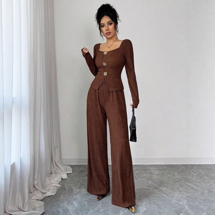 Damen nan tailliertes Blusen- und Hosen-Set aus Crinkle-Plissee mit Puffärmeln und Zierknöpfen Drune