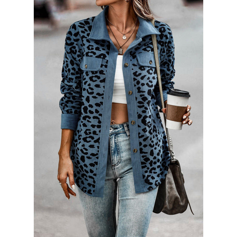 Damen tierisches Print-Langarm-Hemdjacke mit aufgesetzten Taschen Drune