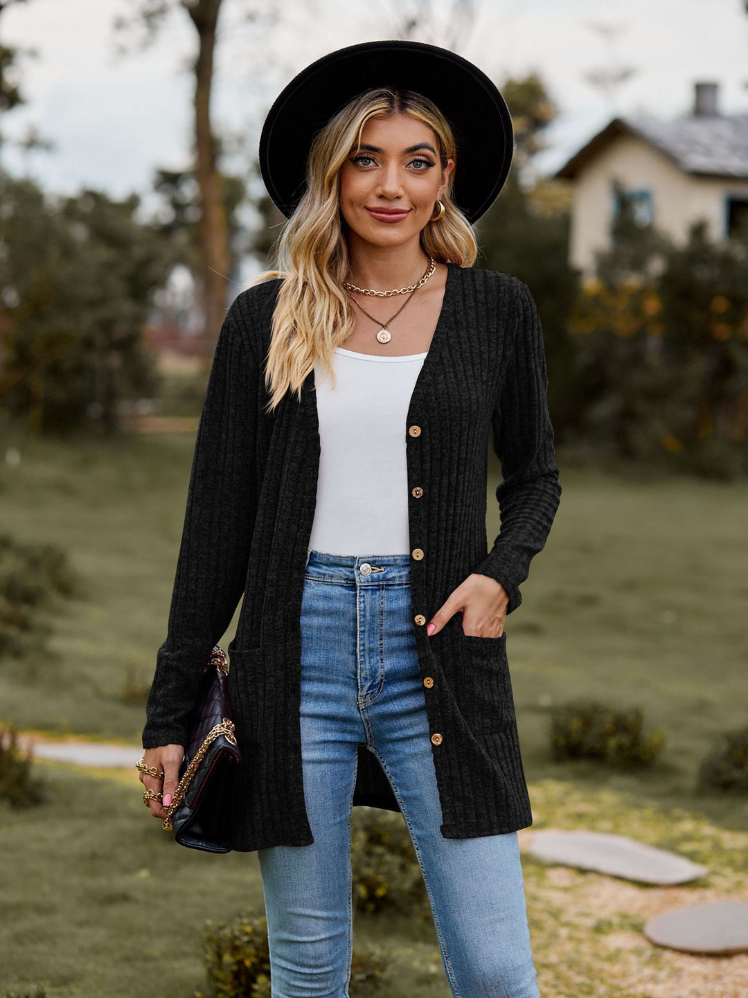 Damen nan langer gerippter Strickcardigan mit Eingrifftaschen und Holzknöpfen Drune