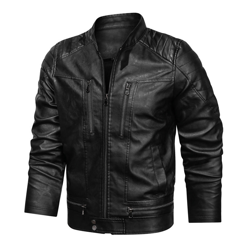 Herren Motorrad-inspirierte Lederoptikjacke mit Stehkragen und Ziernähten Drune