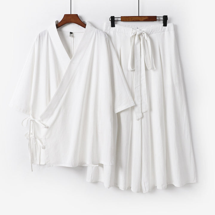 Damen Kimono-Loungewear-Set aus leichter Viskose mit Wickeloberteil und weitem Culotte-Hosenrock Drune
