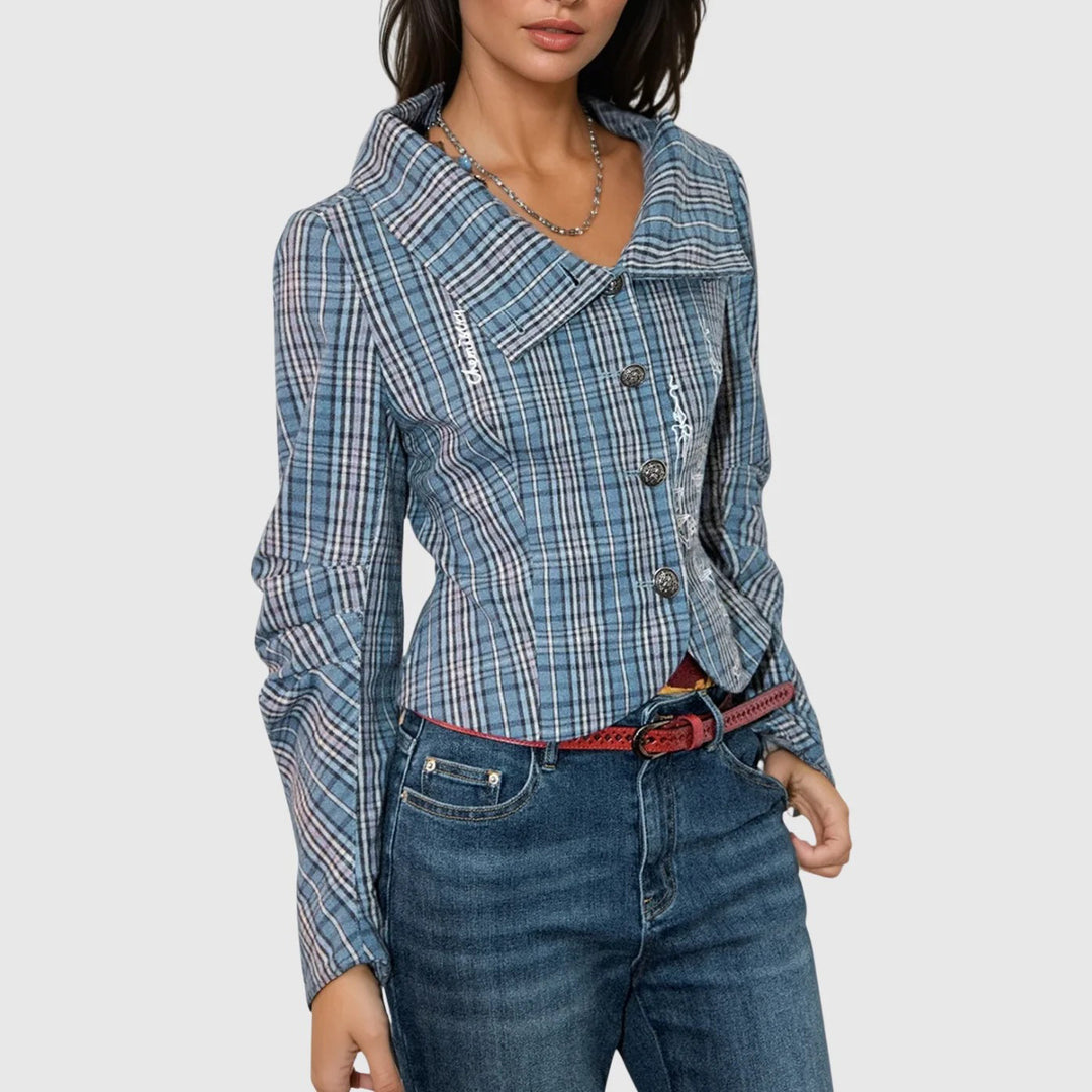 Damen Karierte Kurzjacke mit stilvollen Knöpfen Drune